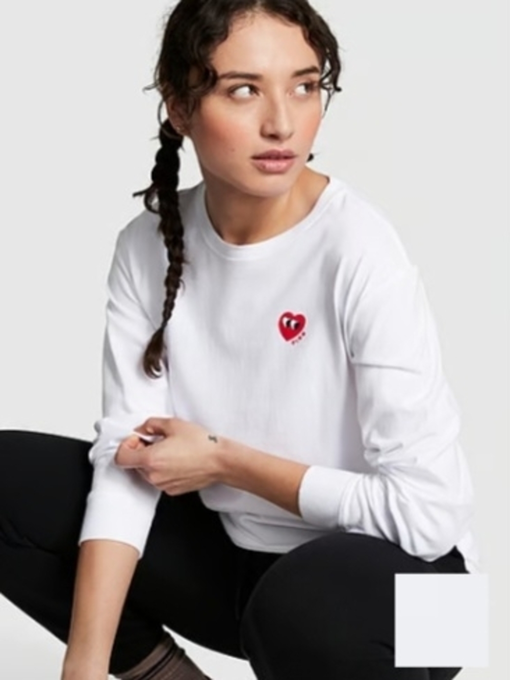 PINK White Long Sleeve Tee with Red Heart Patch